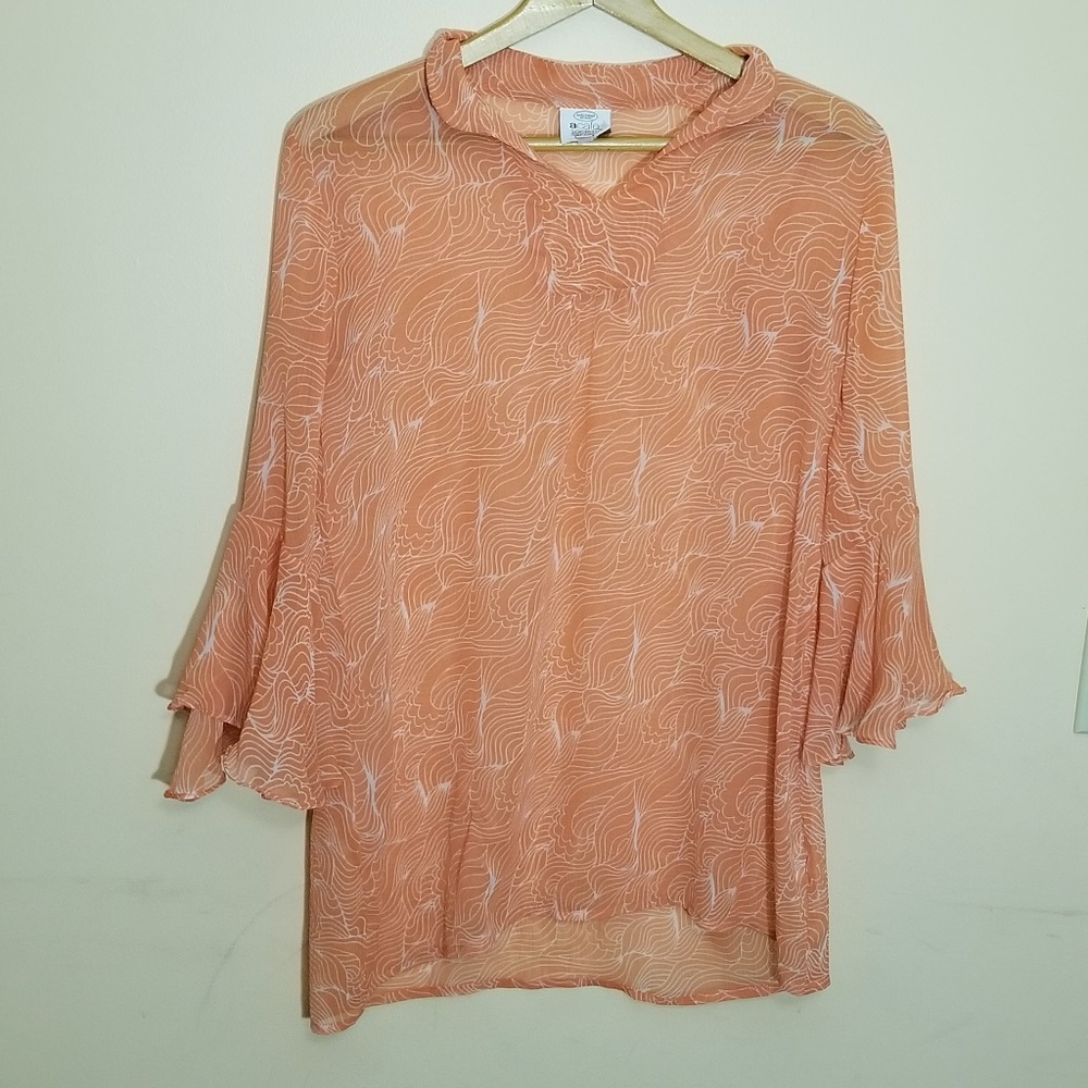 ⭐ Crinkled Chiffon Orange Pattern Sheer Blouse